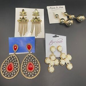 Set Of 4 Gold Tone Earrings- Red/gold/ White Dangle Msrp $50+ G11